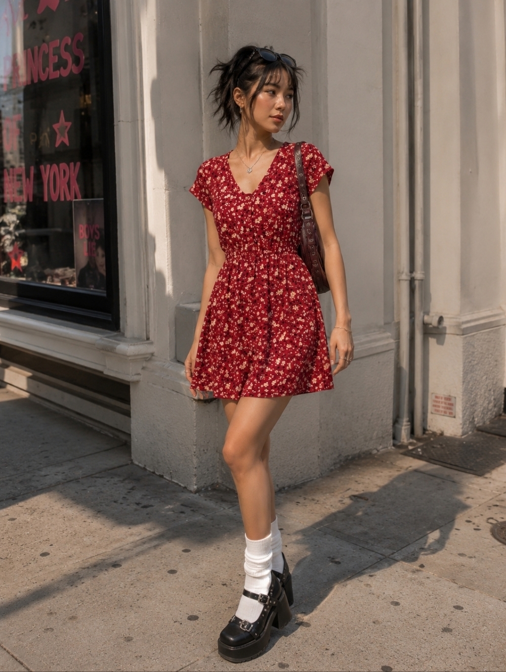 Women's Red Floral V-Neck Smocked Waist Dress